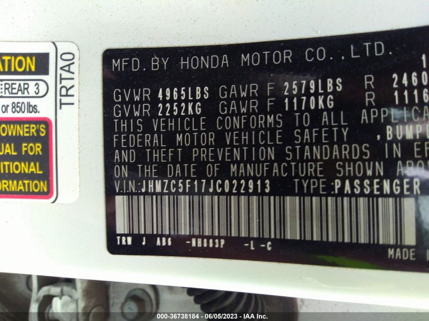 2018 HONDA CLARITY PLUG-IN HYBRID JHMZC5F17JC022913
