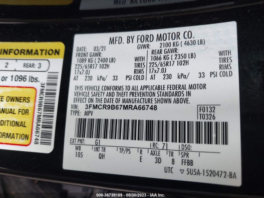 2021 FORD BRONCO SPORT BIG BEND - 3FMCR9B67MRA66748