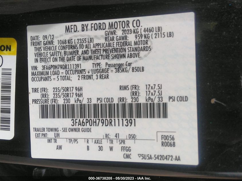 2013 FORD FUSION SE - 3FA6P0H79DR111391