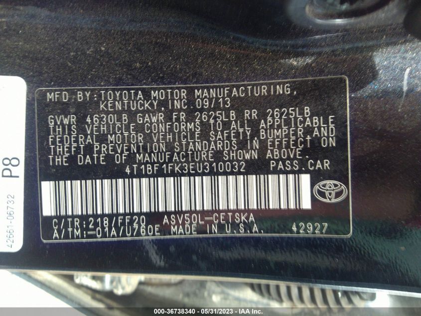 2014 TOYOTA CAMRY L/LE/XLE/SE/SE SPORT - 4T1BF1FK3EU310032