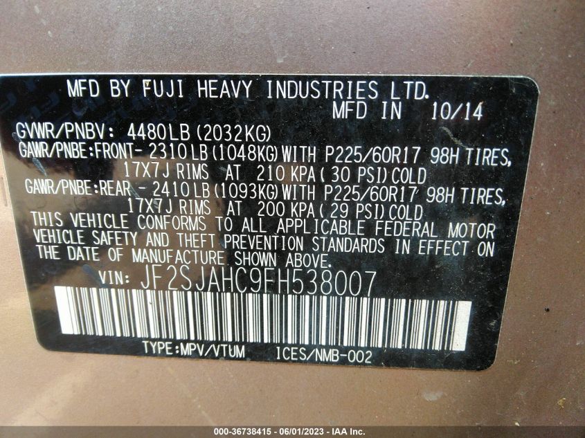 2015 SUBARU FORESTER 2.5I LIMITED - JF2SJAHC9FH538007