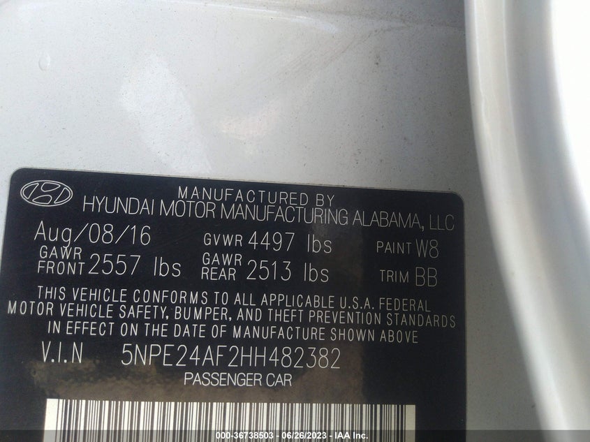 VIN 5NPE24AF2HH482382 2017 HYUNDAI SONATA SE