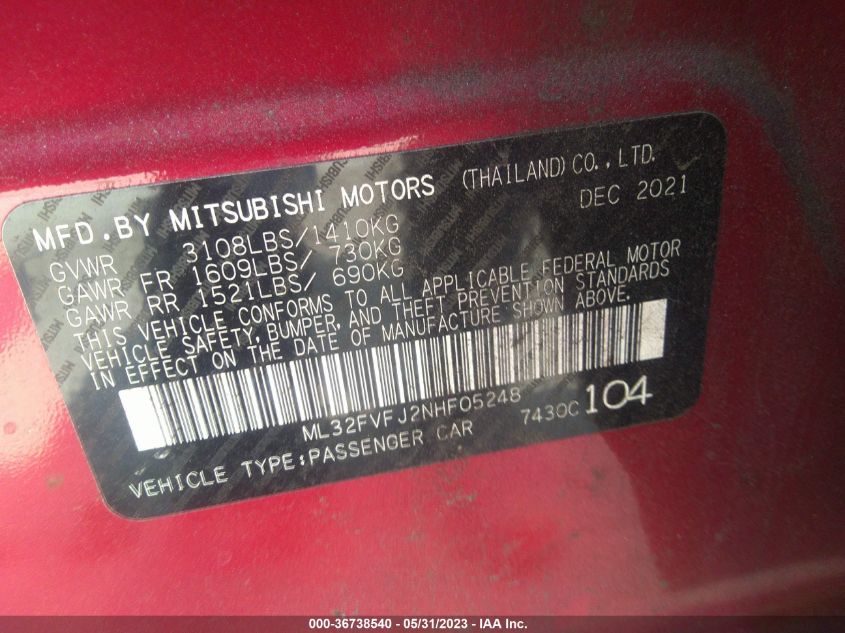 2022 MITSUBISHI MIRAGE G4 SE - ML32FVFJ2NHF05248
