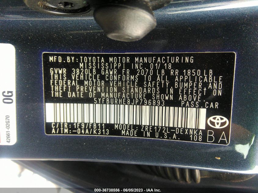 2018 TOYOTA COROLLA L/LE/XLE/SE/XSE - 5YFBURHE8JP796893