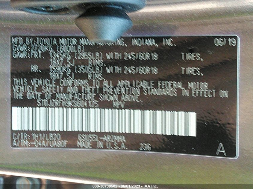 2019 TOYOTA HIGHLANDER SE/XLE - 5TDJZRFH9KS604125