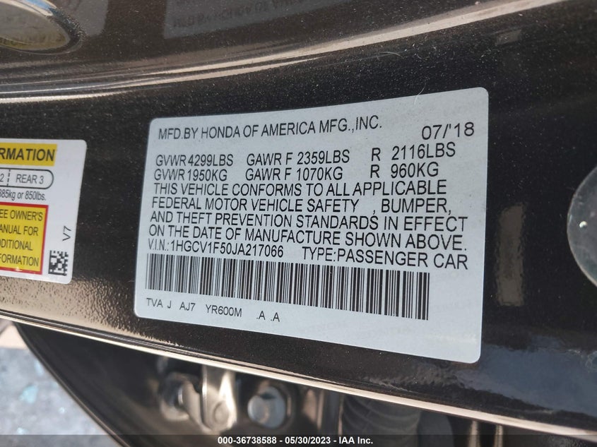 VIN 1HGCV1F50JA217066 2018 HONDA ACCORD SEDAN EX-L 1.5T