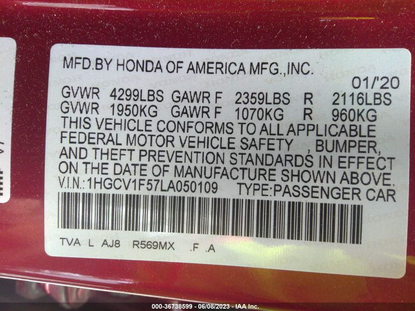 2020 HONDA ACCORD SEDAN EX-L - 1HGCV1F57LA050109