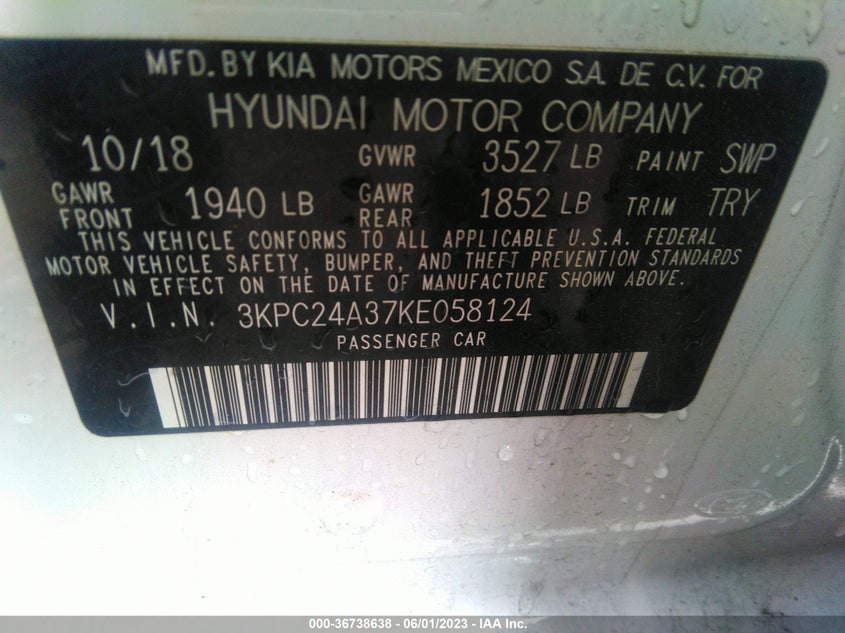 VIN 3KPC24A37KE058124 2019 HYUNDAI ACCENT SE