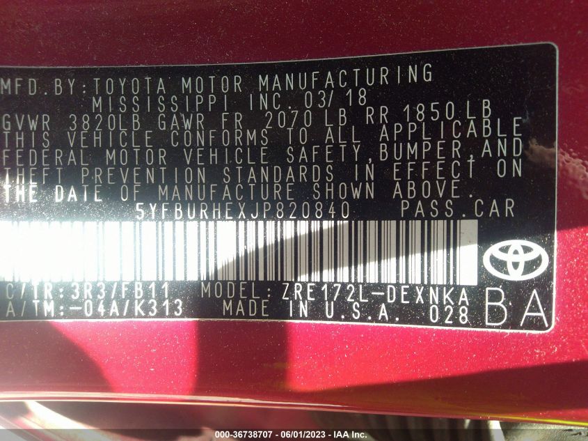 2018 TOYOTA COROLLA L/LE/XLE/SE/XSE - 5YFBURHEXJP820840