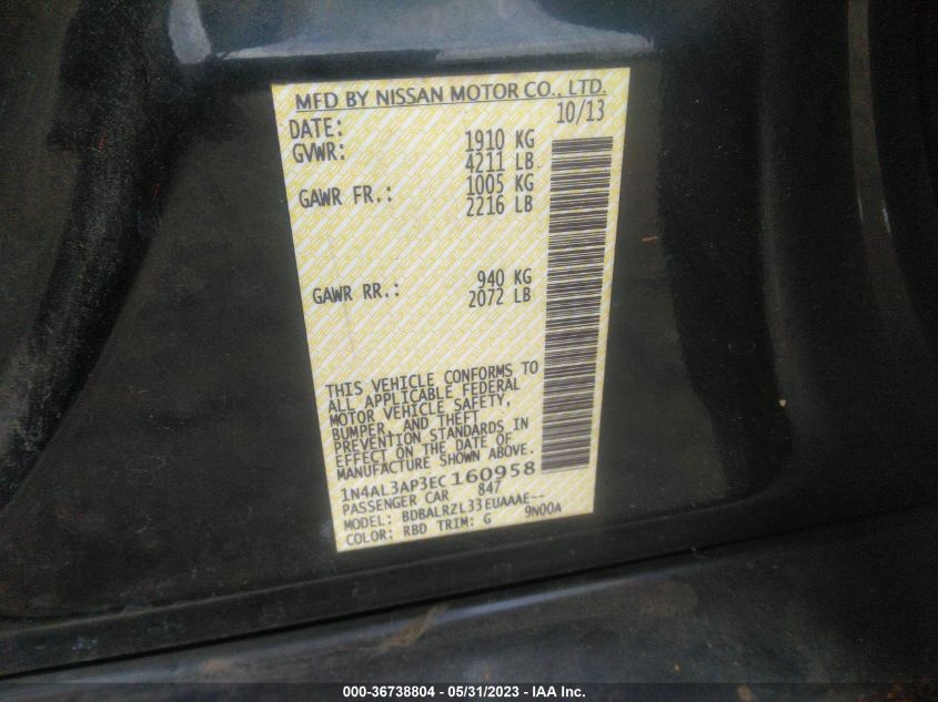 2014 NISSAN ALTIMA 2.5 S - 1N4AL3AP3EC160958