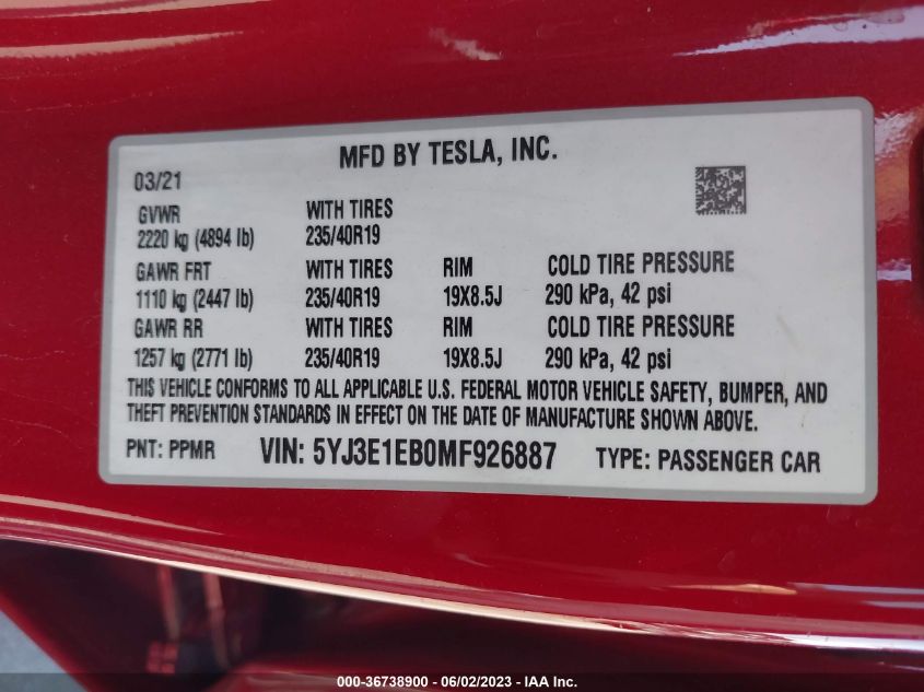 2021 TESLA MODEL 3 LONG RANGE - 5YJ3E1EB0MF926887