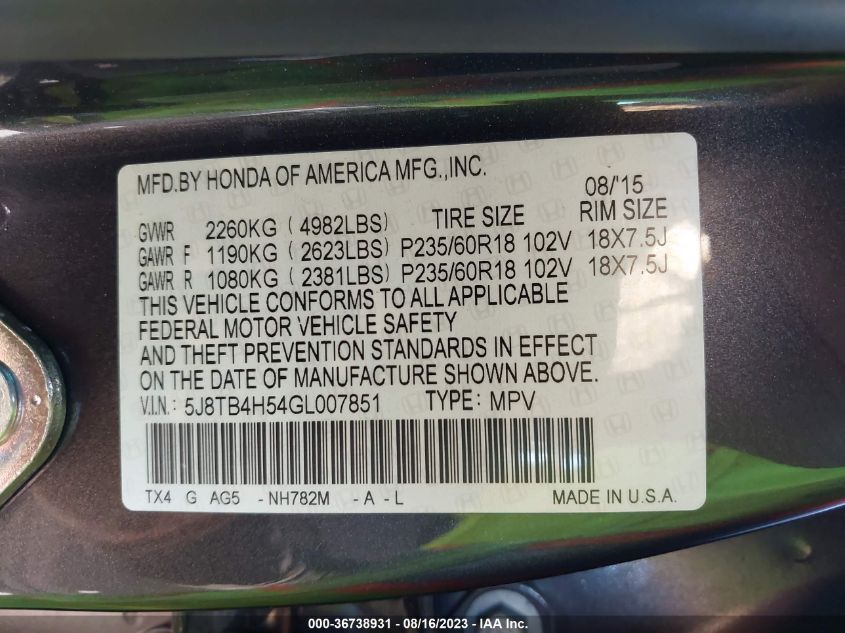 2016 ACURA RDX TECH PKG/TECH - 5J8TB4H54GL007851