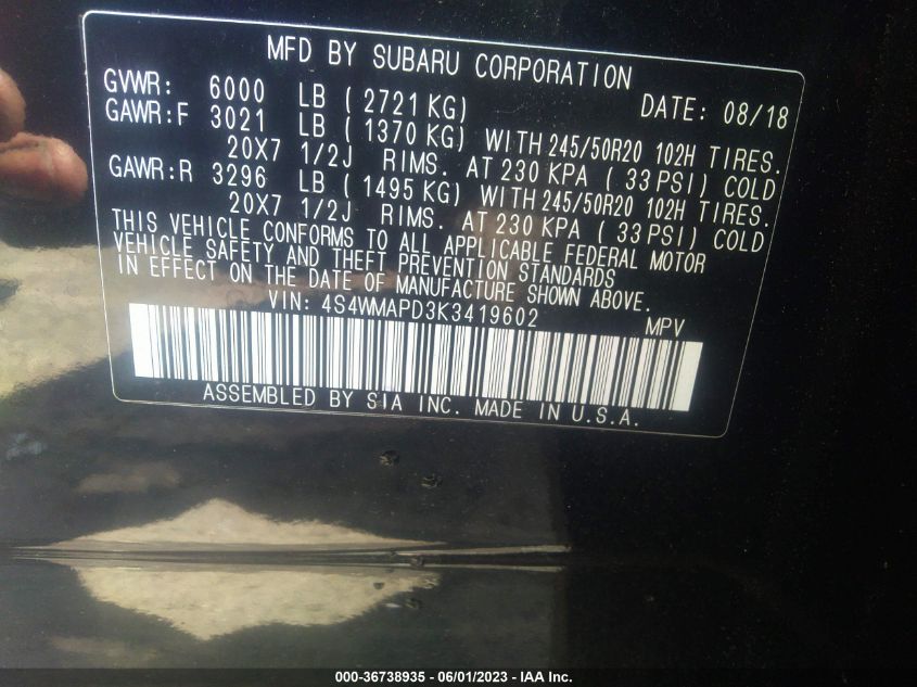 2019 SUBARU ASCENT LIMITED - 4S4WMAPD3K3419602