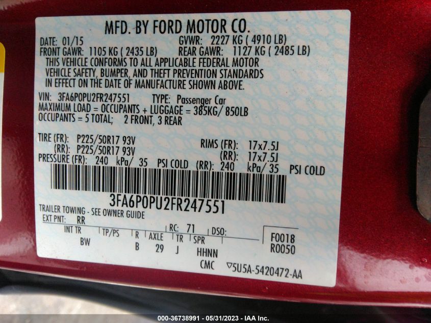 2015 FORD FUSION ENERGI SE LUXURY - 3FA6P0PU2FR247551