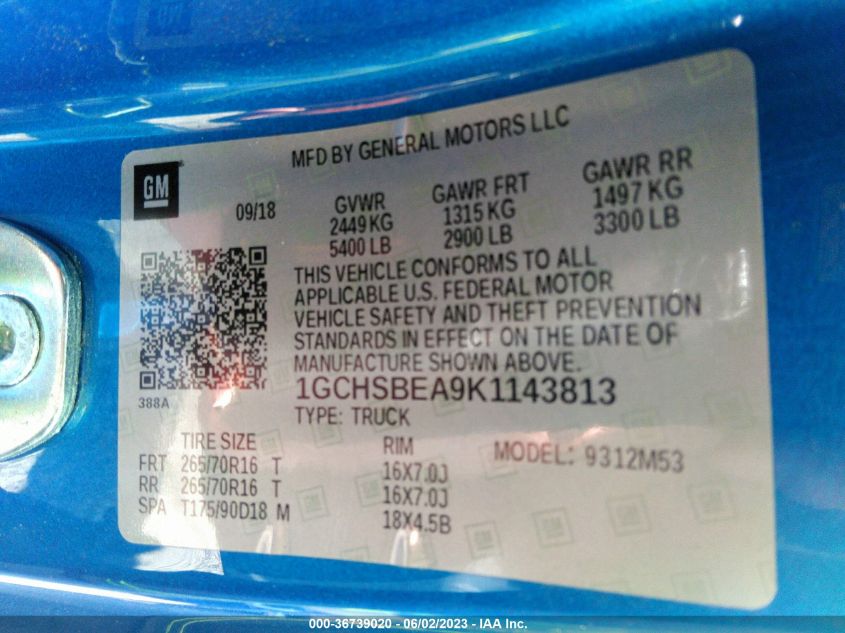2019 CHEVROLET COLORADO 2WD WORK TRUCK - 1GCHSBEA9K1143813