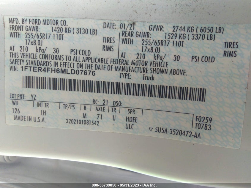 VIN 1FTER4FH6MLD07676 2021 FORD RANGER XL/XLT/LARIAT