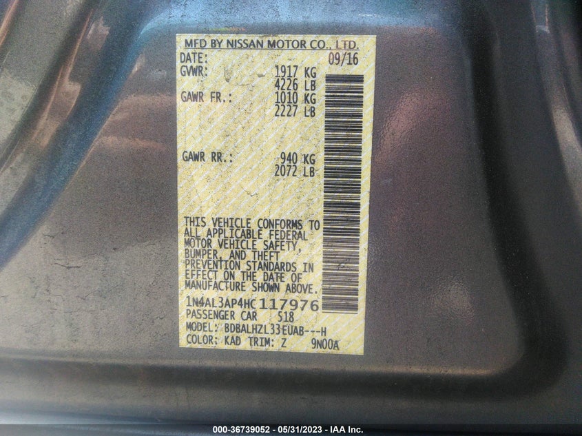 VIN 1N4AL3AP4HC117976 2017 NISSAN ALTIMA 2.5 SR