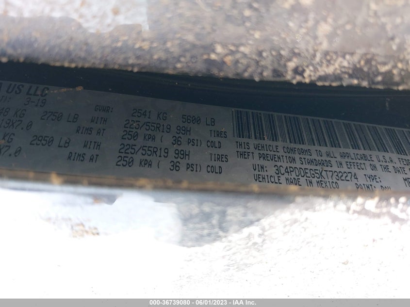 VIN 3C4PDDEG5KT732274 2019 DODGE JOURNEY GT
