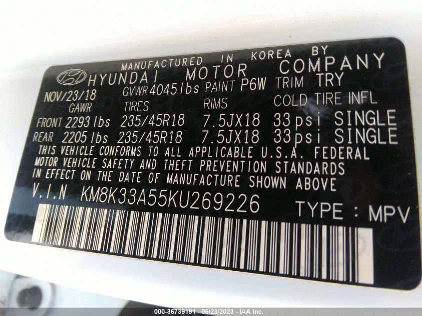2019 HYUNDAI KONA LIMITED - KM8K33A55KU269226