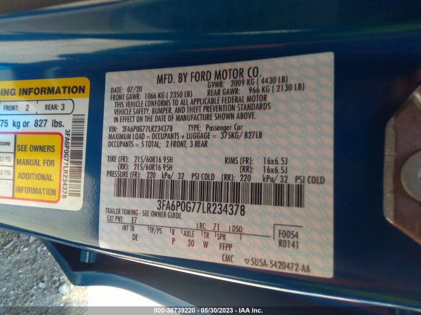 2020 FORD FUSION S - 3FA6P0G77LR234378