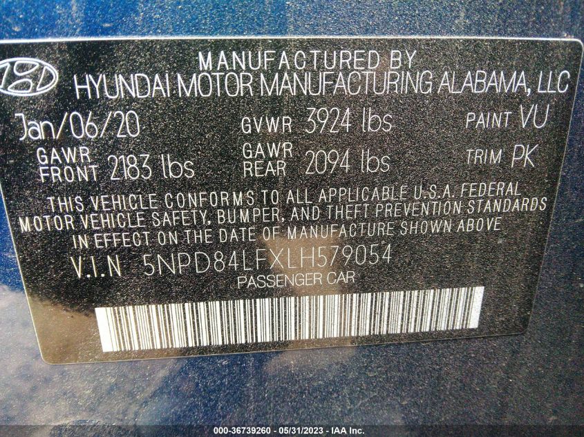 2020 HYUNDAI ELANTRA SEL - 5NPD84LFXLH579054