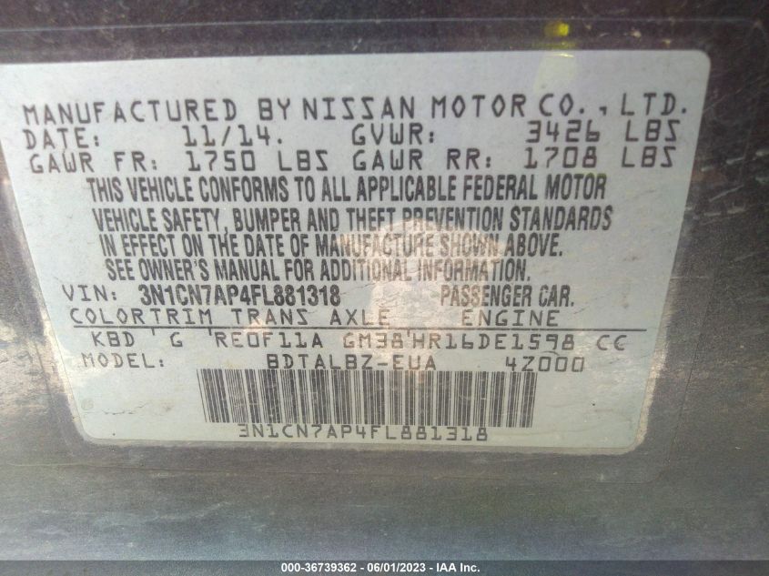 2015 NISSAN VERSA SV - 3N1CN7AP4FL881318