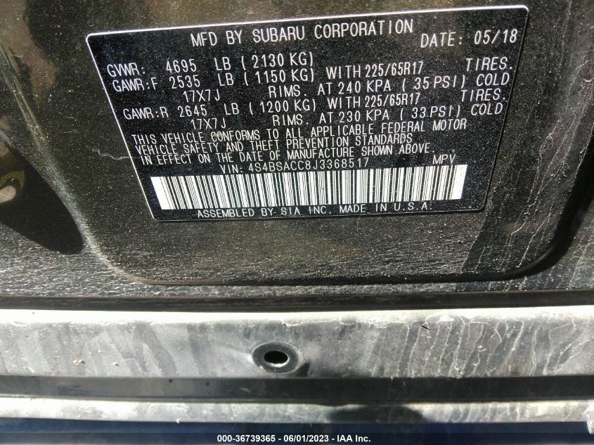 2018 SUBARU OUTBACK PREMIUM - 4S4BSACC8J3368517
