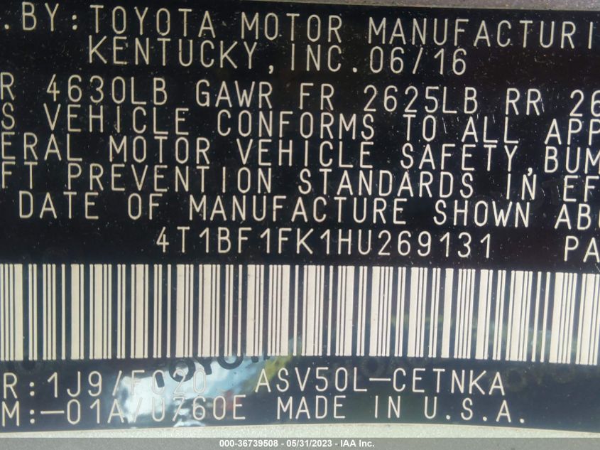 2017 TOYOTA CAMRY XLE/SE/LE/XSE - 4T1BF1FK1HU269131