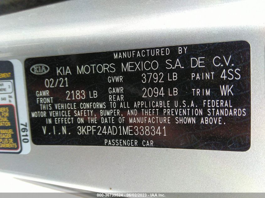 2021 KIA FORTE LXS - 3KPF24AD1ME338341