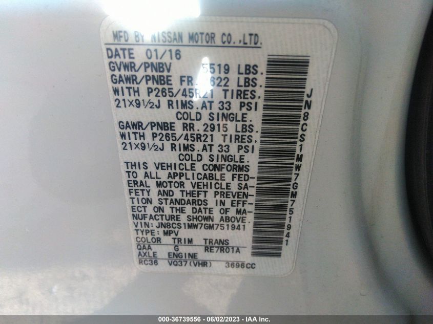 2016 INFINITI QX70 JN8CS1MW7GM751941