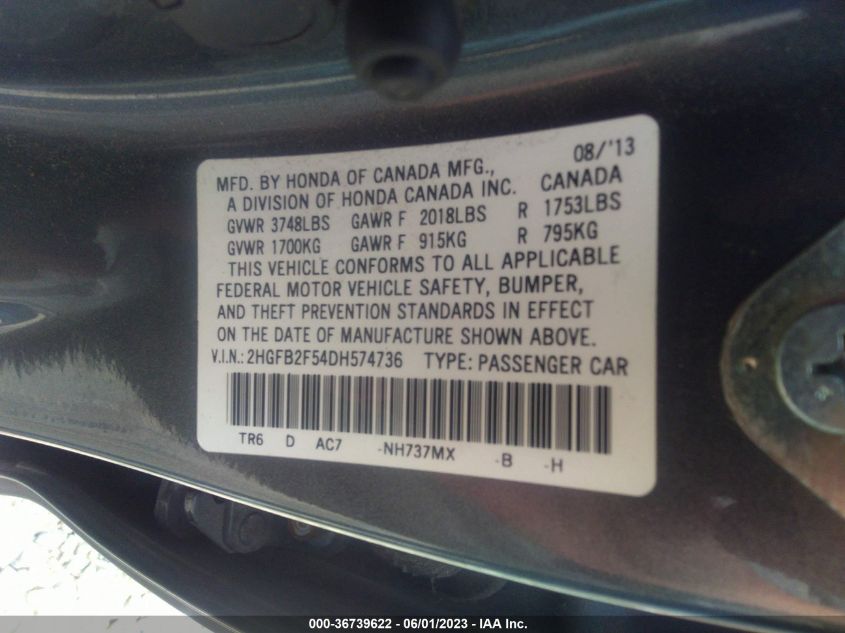 2013 HONDA CIVIC SDN LX - 2HGFB2F54DH574736
