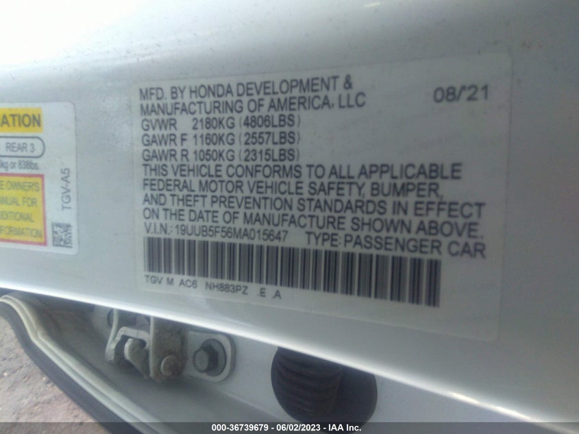 VIN 19UUB5F56MA015647 2021 ACURA TLX W/A-SPEC PACKAGE