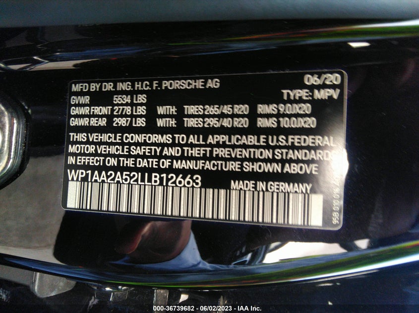 VIN WP1AA2A52LLB12663 2020 PORSCHE MACAN