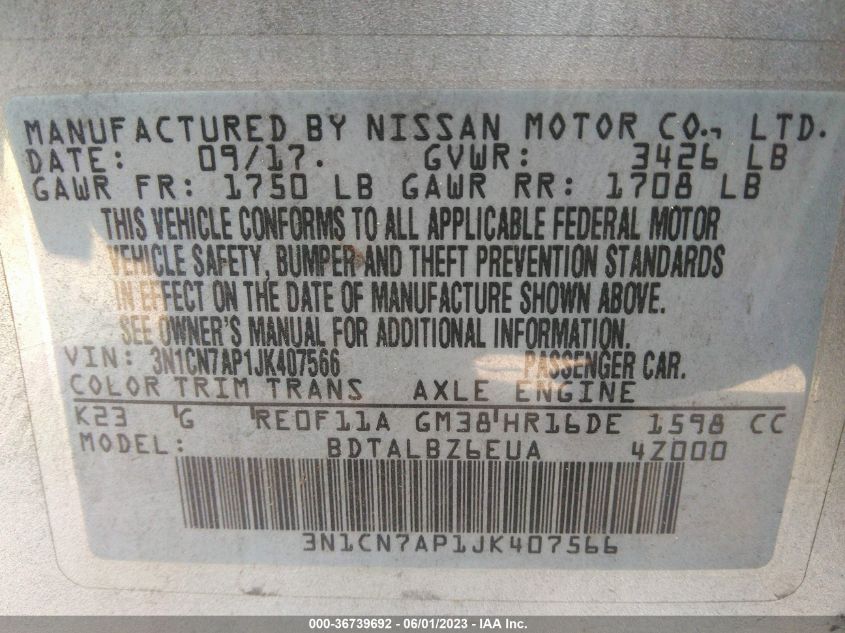 2018 NISSAN VERSA SEDAN SV - 3N1CN7AP1JK407566