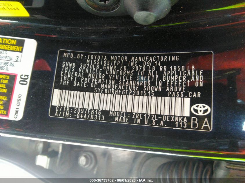 2015 TOYOTA COROLLA L/LE/S/S PLUS/LE PLUS - 5YFBURHE6FP201515