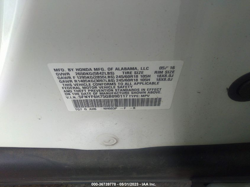 2016 HONDA PILOT EX-L - 5FNYF6H75GB090117
