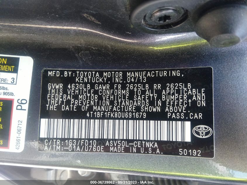 2013 TOYOTA CAMRY L/LE/SE/XLE - 4T1BF1FK8DU691679