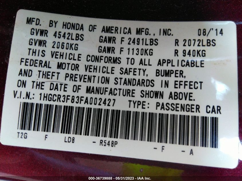 2015 HONDA ACCORD SEDAN EX-L - 1HGCR3F83FA002427