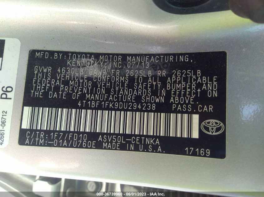 2013 TOYOTA CAMRY L/LE/SE/XLE - 4T1BF1FK9DU294238