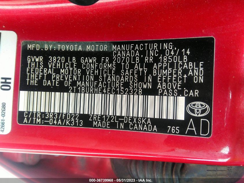 2014 TOYOTA COROLLA L/LE/S/S PLUS/LE PLUS - 2T1BURHE4EC152328