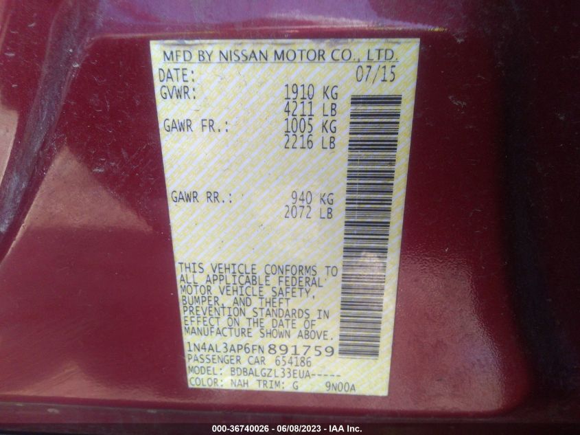 2015 NISSAN ALTIMA 2.5 - 1N4AL3AP6FN891759
