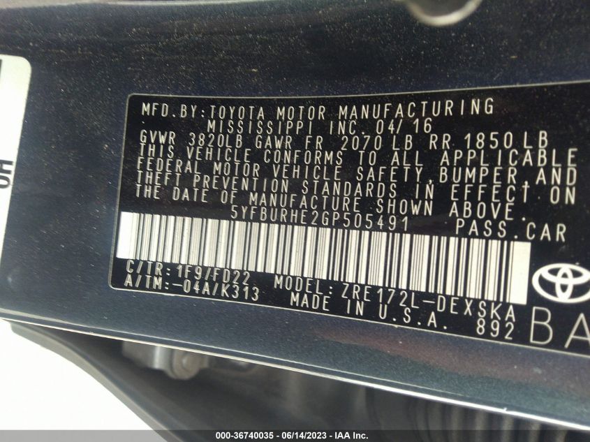 2016 TOYOTA COROLLA L/LE/S/S PLUS/LE PLUS - 5YFBURHE2GP505491