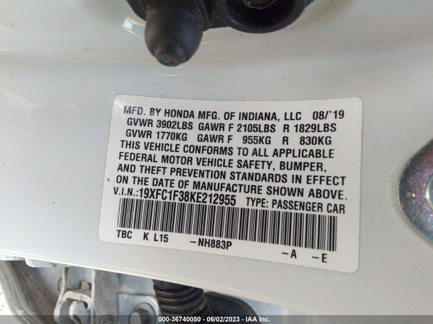 2019 HONDA CIVIC SEDAN EX - 19XFC1F38KE212955