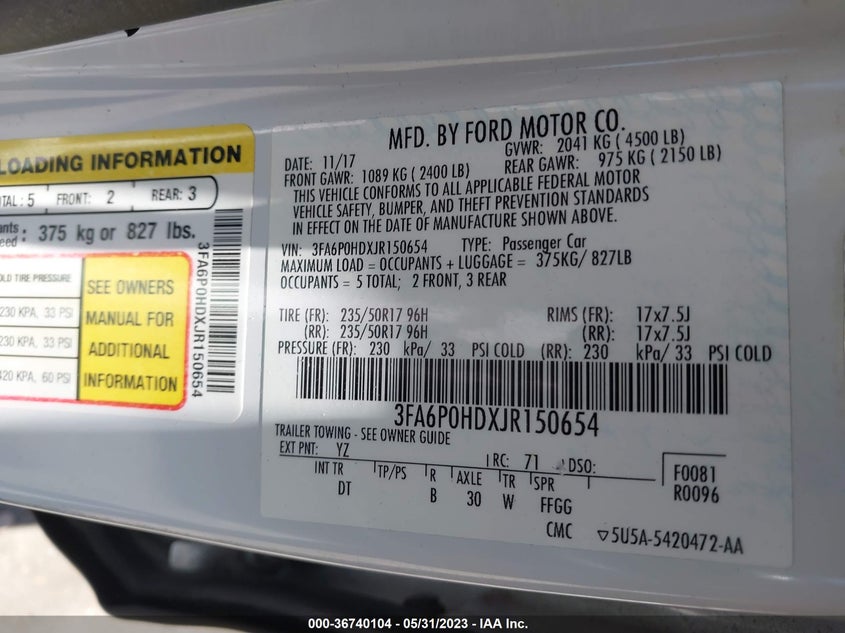 VIN 3FA6P0HDXJR150654 2018 FORD FUSION SE