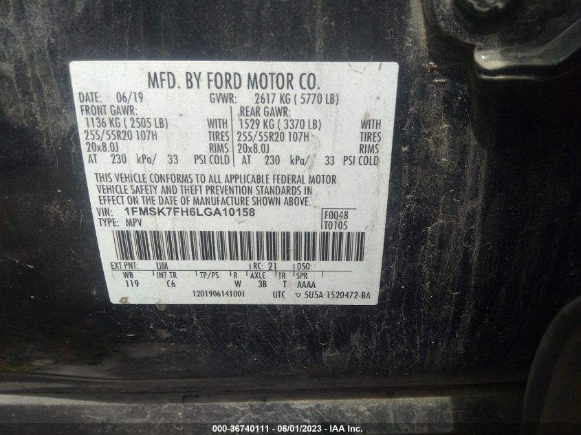 2020 FORD EXPLORER LIMITED - 1FMSK7FH6LGA10158