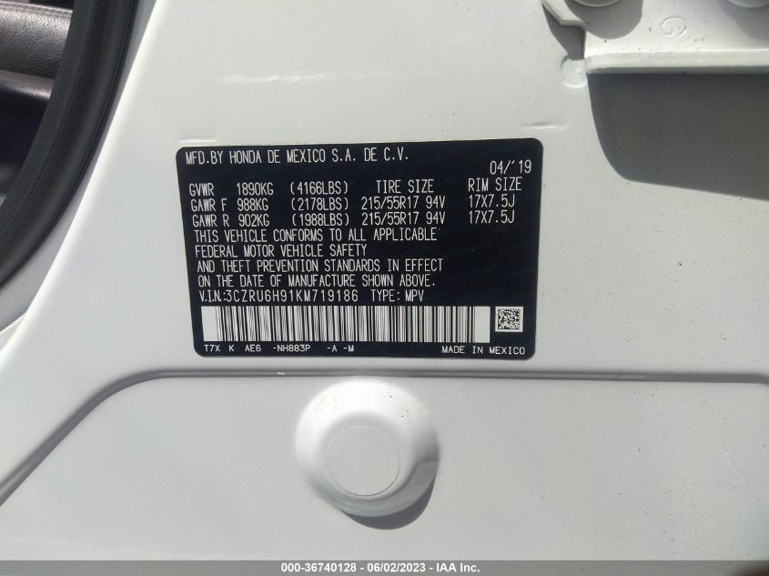 2019 HONDA HR-V TOURING - 3CZRU6H91KM719186