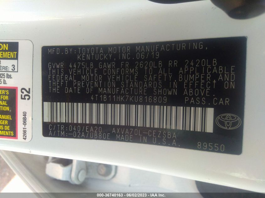 2019 TOYOTA CAMRY LE/SE/XLE/L - 4T1B11HK7KU816809