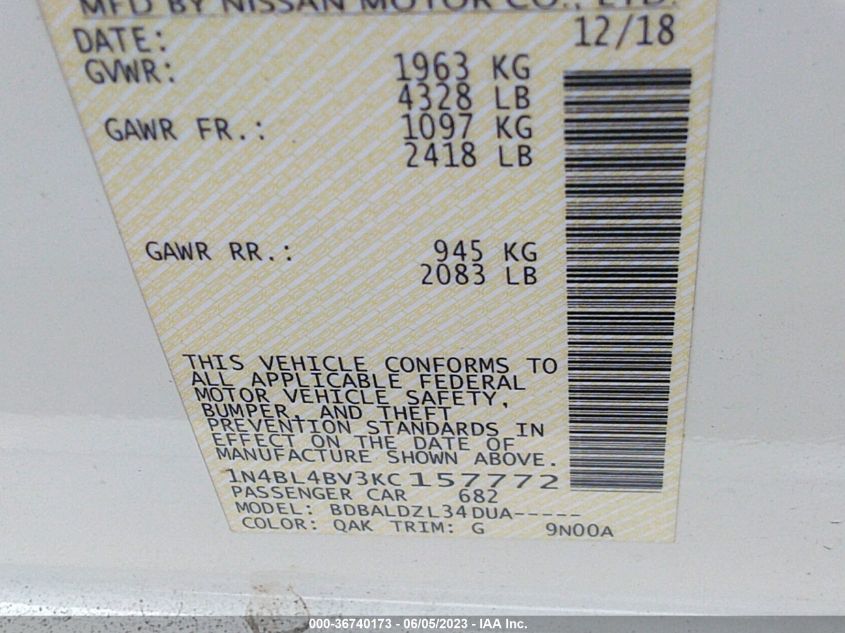 2019 NISSAN ALTIMA 2.5 S - 1N4BL4BV3KC157772