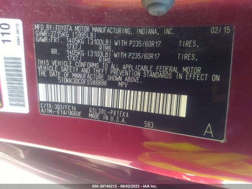 2015 TOYOTA SIENNA LE - 5TDKK3DC0FS588898