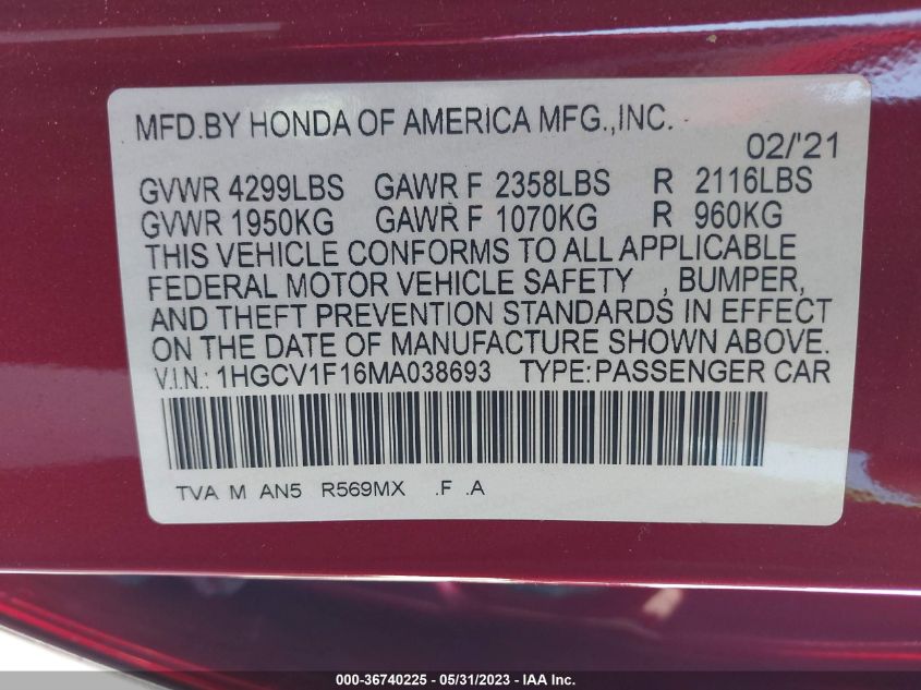 2021 HONDA ACCORD SEDAN LX - 1HGCV1F16MA038693